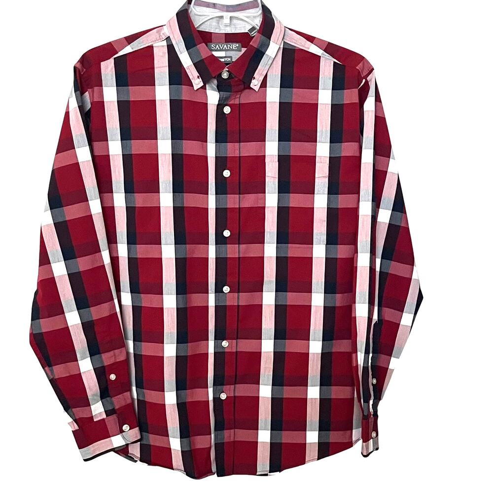 SAVANE STRETCH LONG SLEEVE BUTTON-UP SHIRT, MENS, L, RED BLUE WHITE PINK PLAID